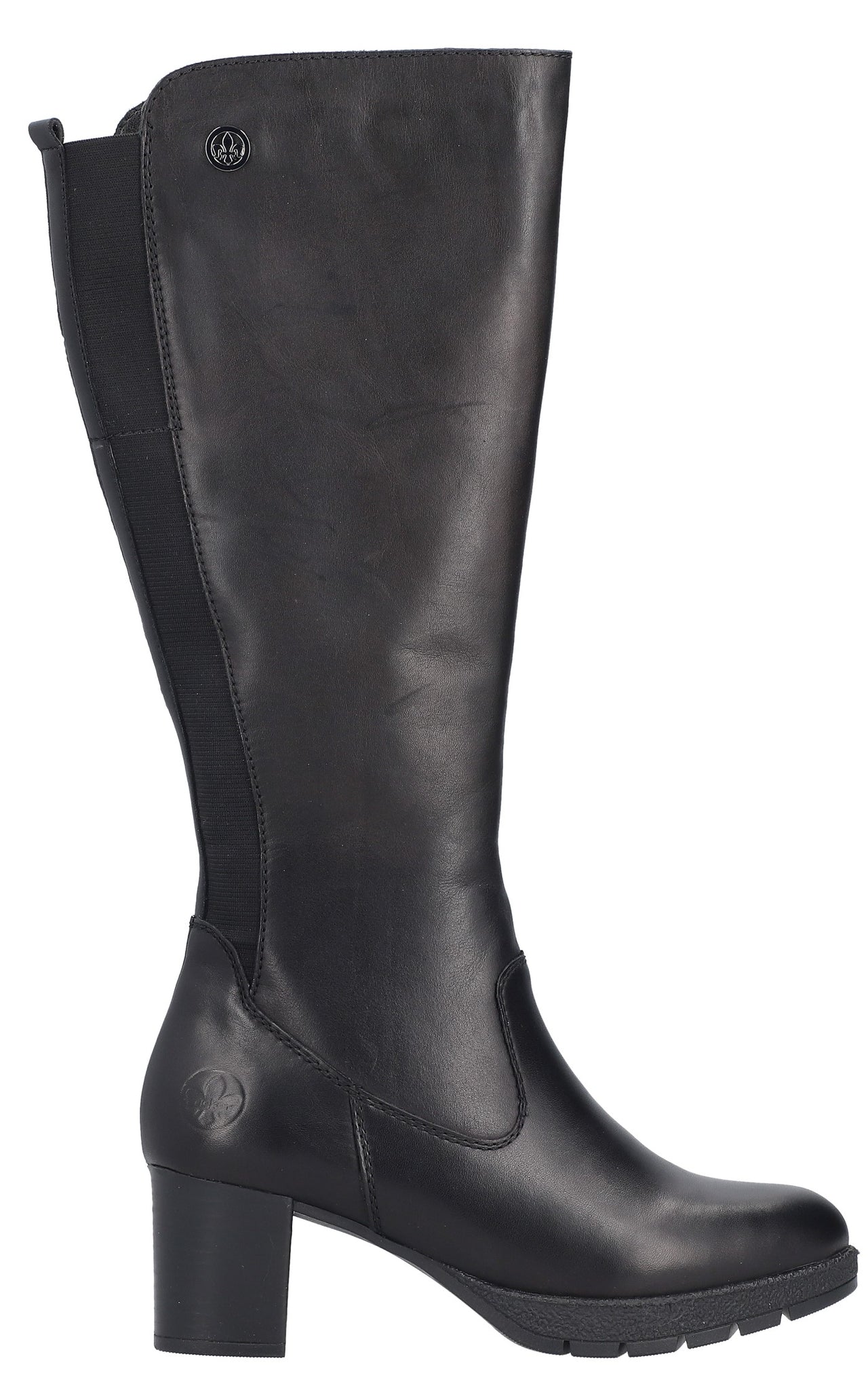 A black leather knee-high boot with a block heel, a slightly pointed toe, and a black elastic panel along the side, featuring a small circular branded detail on the upper shaft and a logo near the heel.