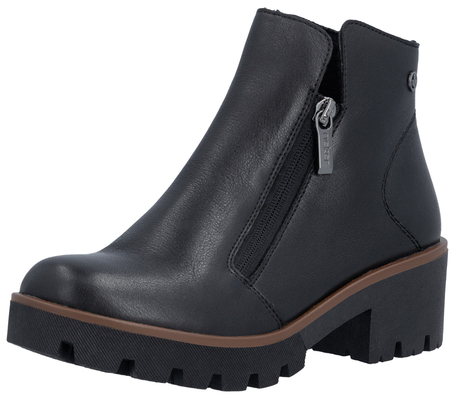 A black, ankle-high leather boot with a side zipper, a thick, lugged black platform sole, and a thin brown welt detail.