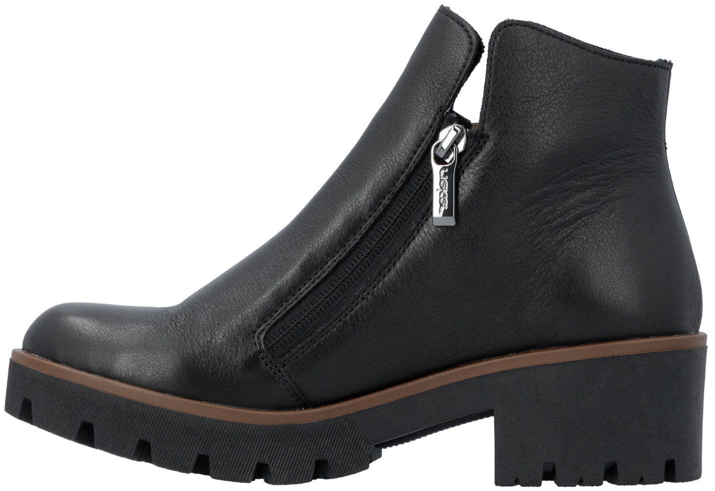 A black leather ankle boot with a chunky, lug-soled heel, a side zipper with a silver-tone metal pull, and a brown trim detail along the midsole.