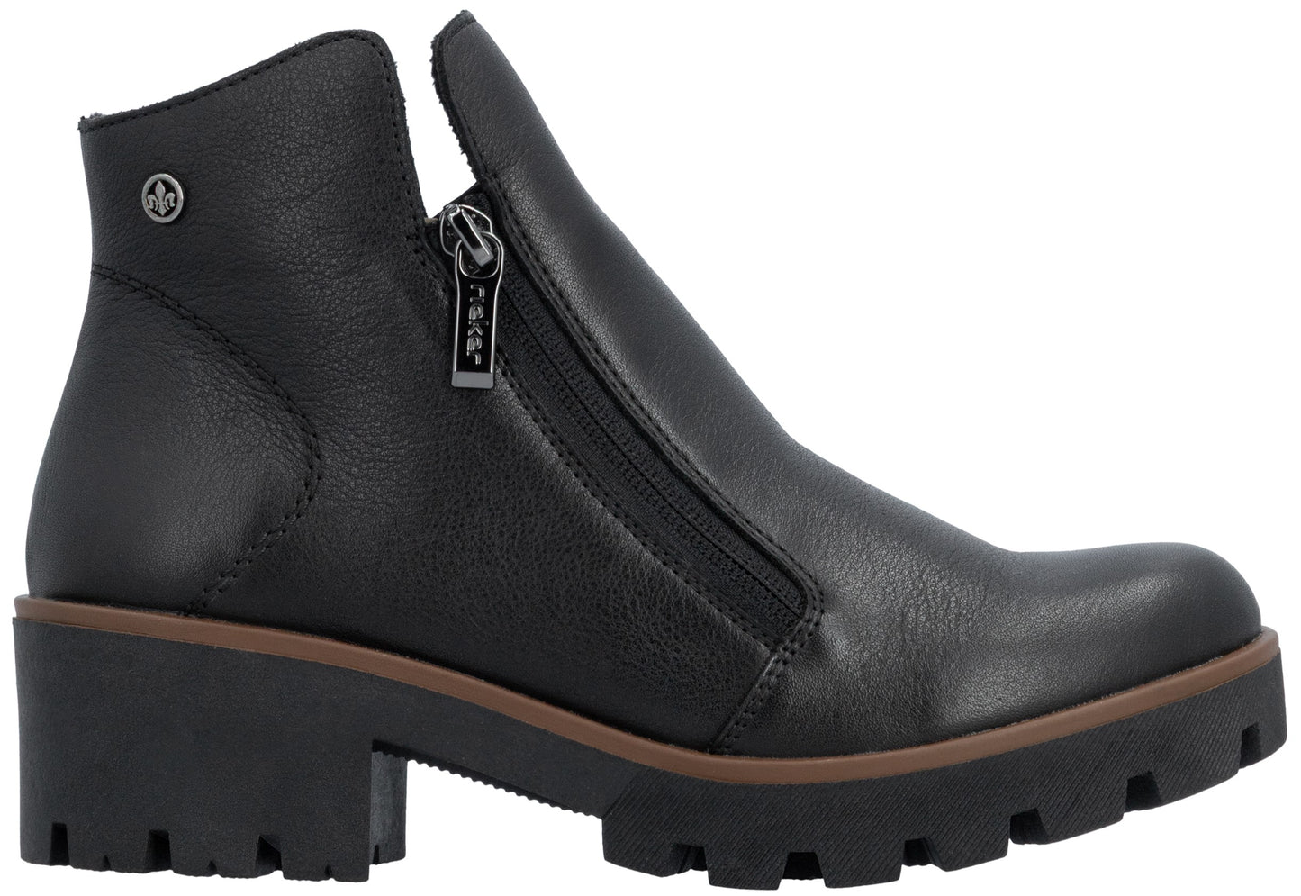 A black leather ankle boot with a chunky, lugged black sole, a brown midsole detail, and a side zipper closure with a silver pull tab featuring text.