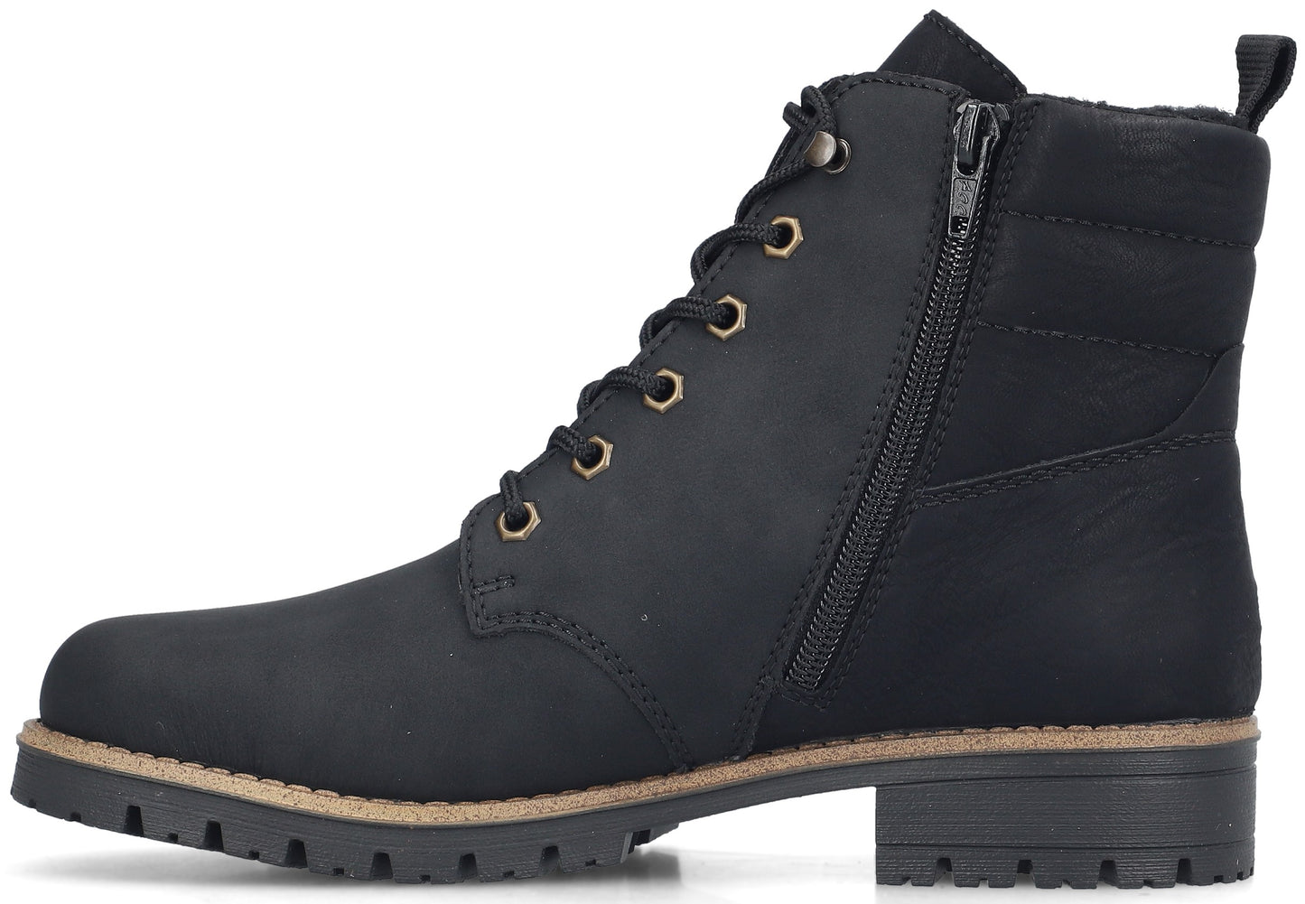 A black leather-look ankle boot with a round toe, lace-up front with metal eyelets, a side zipper, a pull tab at the heel, and a thick, lugged, dark-toned outsole with a light brown midsole trim.