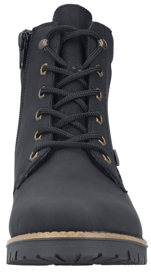 A black leather-like lace-up ankle boot with a side zipper, brass-toned eyelets, thick black laces, and a rugged black lug sole with a light brown midsole trim, viewed from the front.