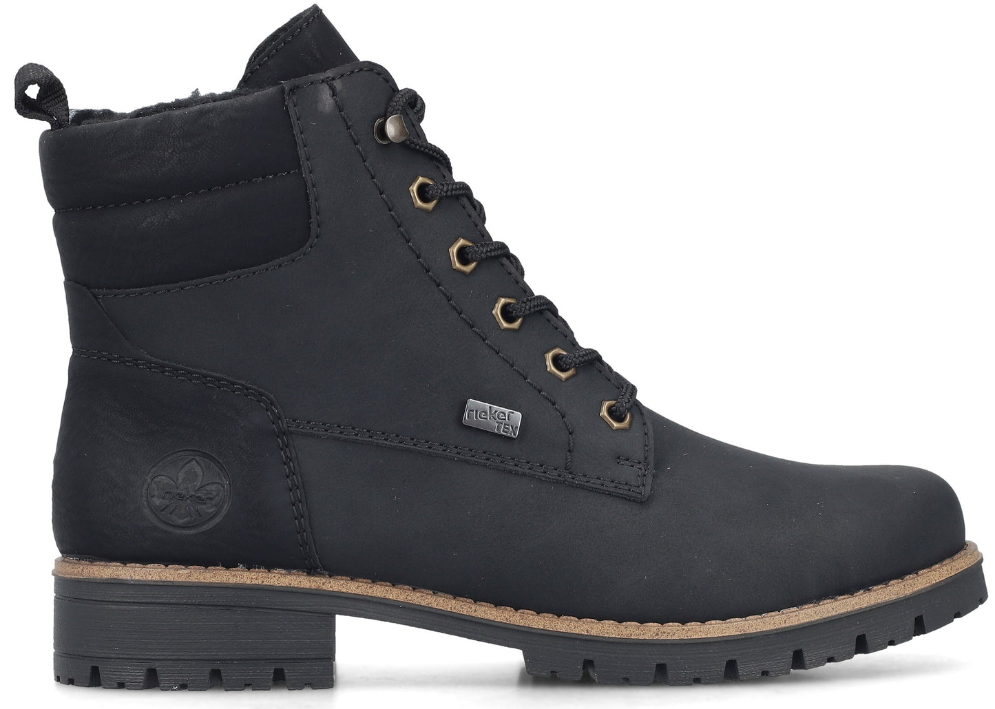 A black leather-look ankle boot with a rugged lug sole, quilted cuff detail, lace-up front with gold-toned eyelets, and a small logo tab on the side.