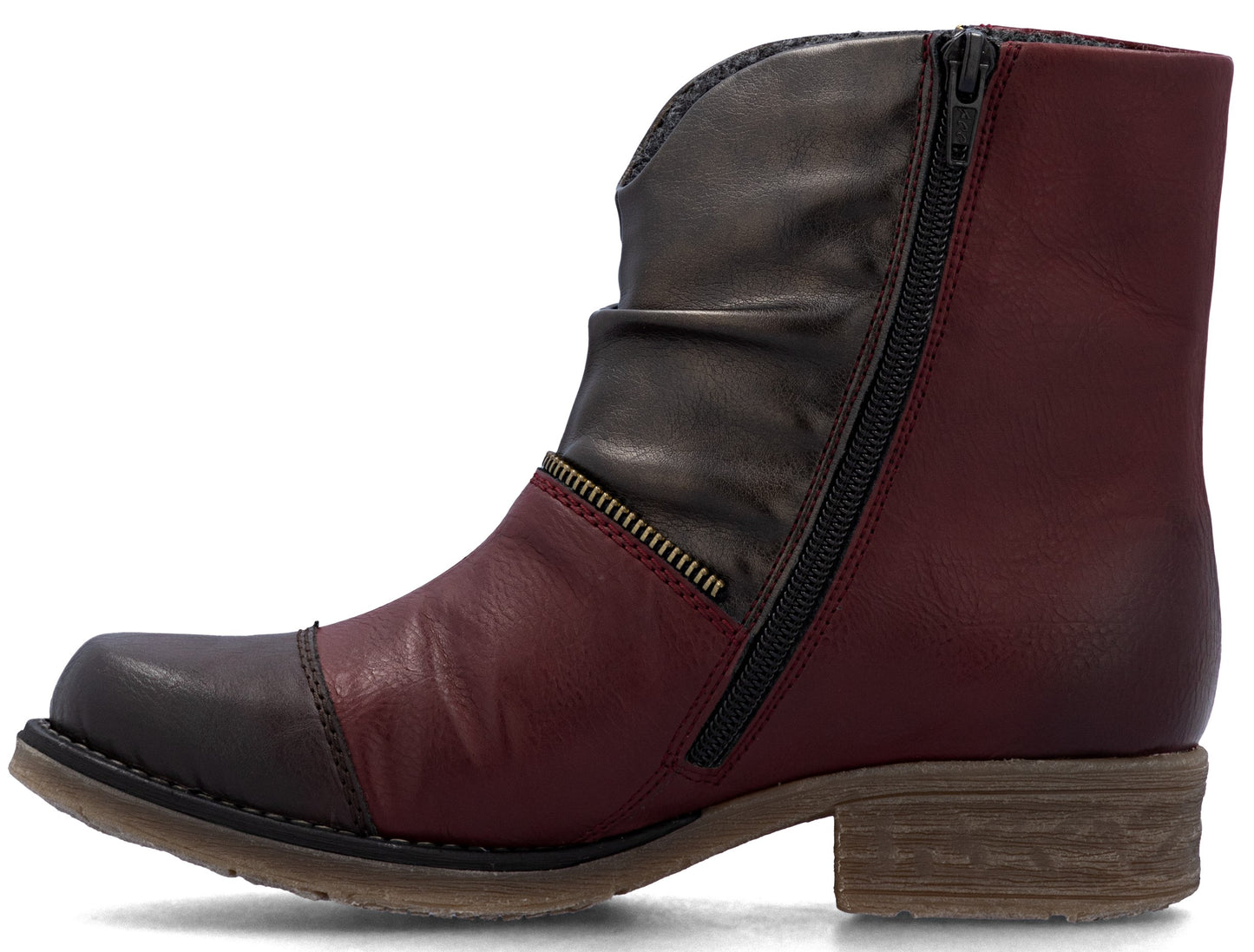 Burgundy and grey ankle boot with side zipper and a 1-inch heel.