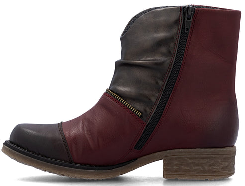 Burgundy and grey ankle boot with side zipper and a 1-inch heel.