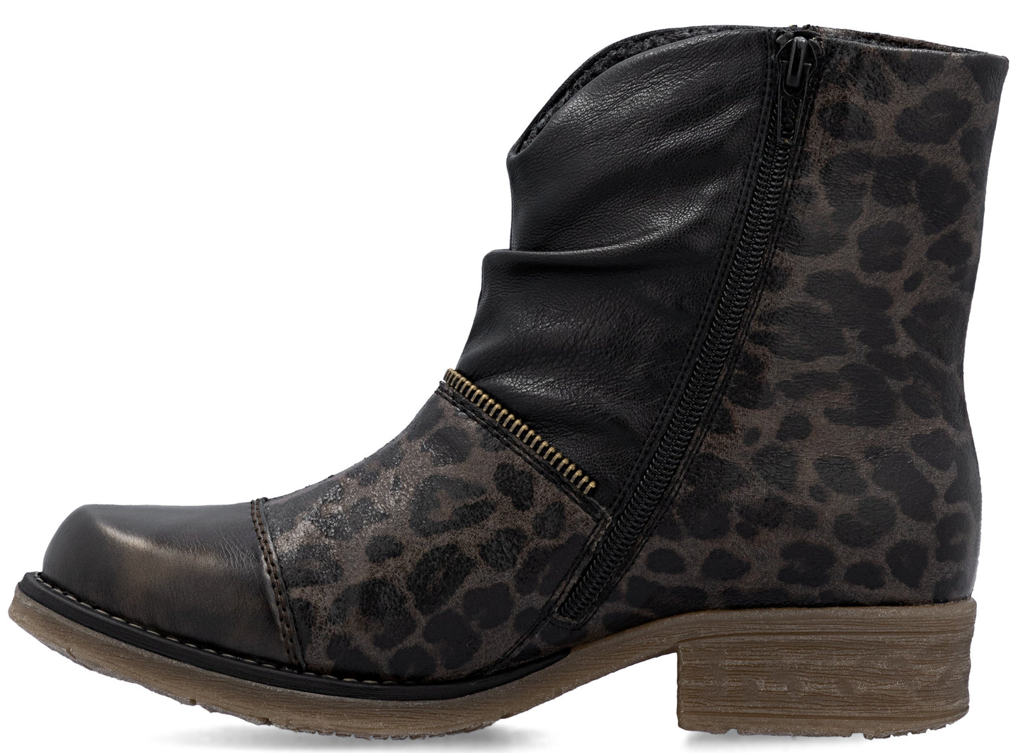 Ankle boot with leopard print, black leather toe cap, and side zipper.