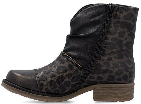 Ankle boot with leopard print, black leather toe cap, and side zipper.