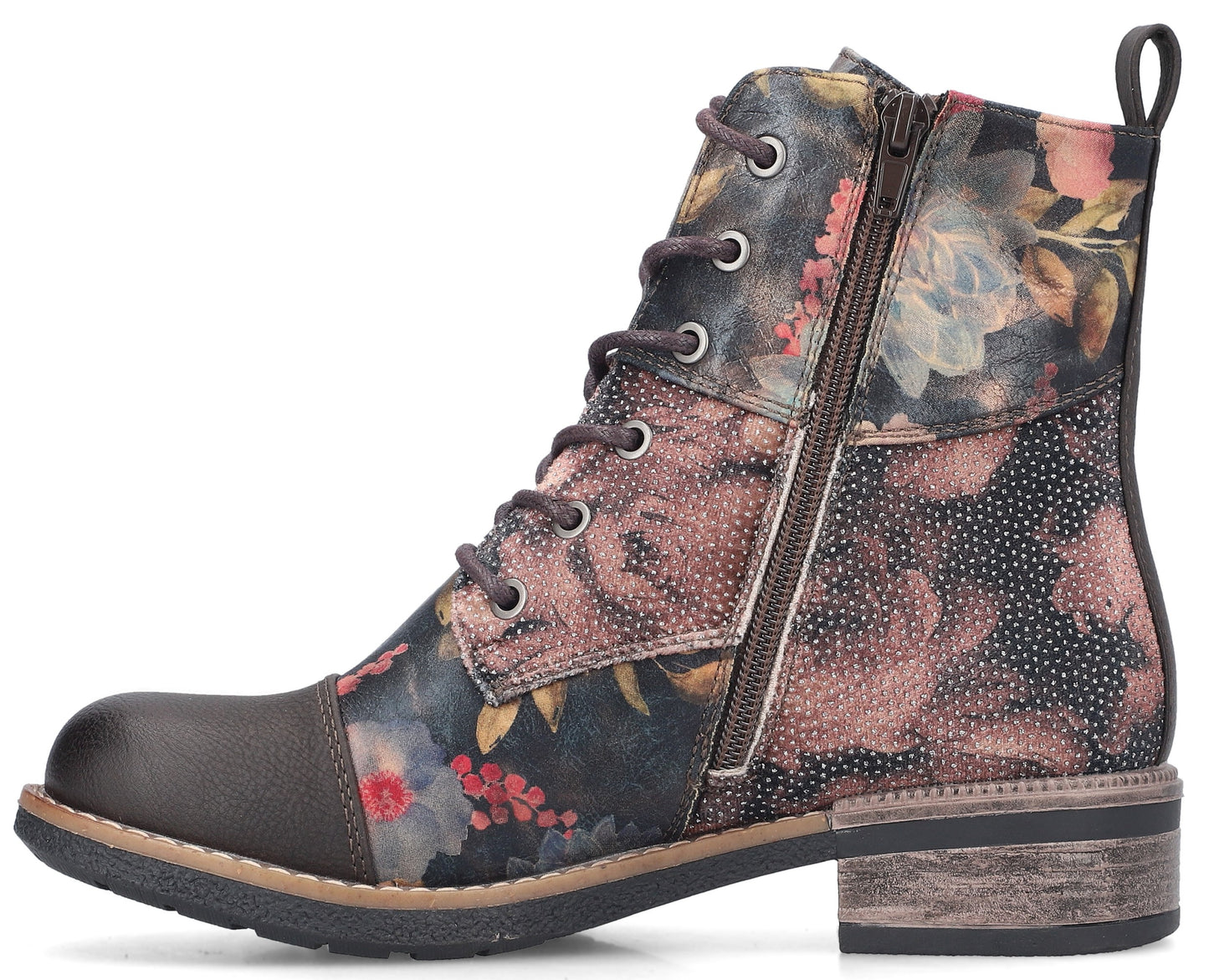 Floral print ankle boot with laces and side zipper.