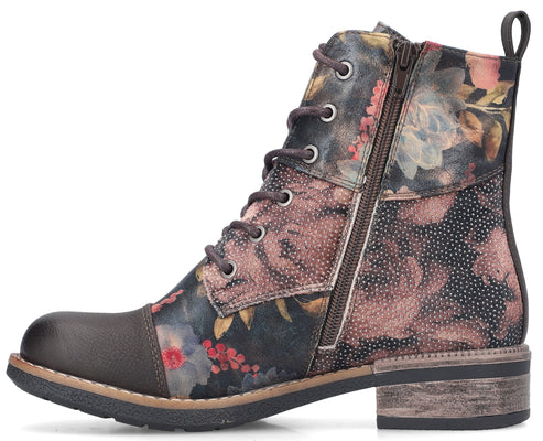Floral print ankle boot with laces and side zipper.