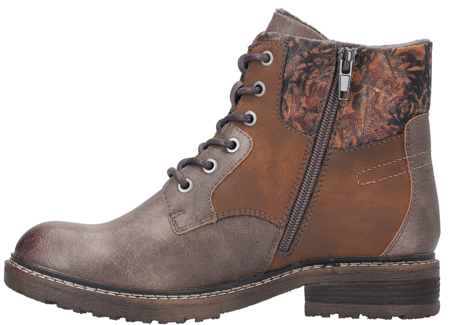 Low heel, laced, ankle height boot, with a side zipper and floral patterned canvas.