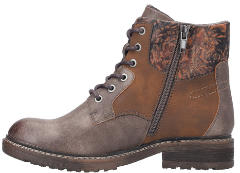 Low heel, laced, ankle height boot, with a side zipper and floral patterned canvas.