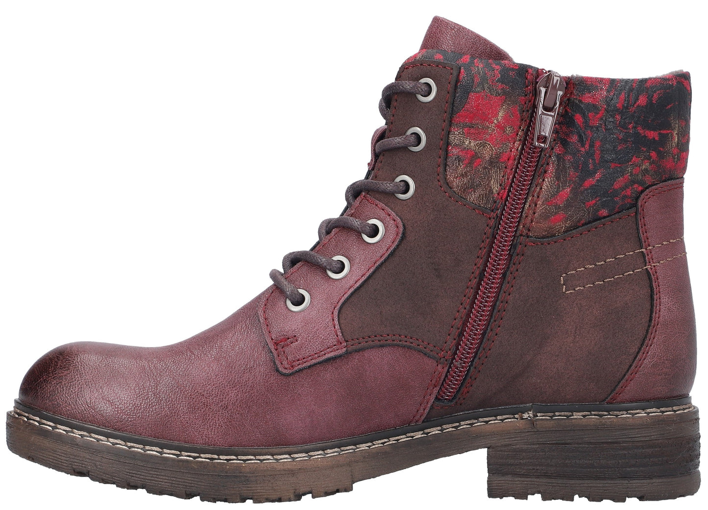 Maroon ankle boot with side zipper and patterned trim.