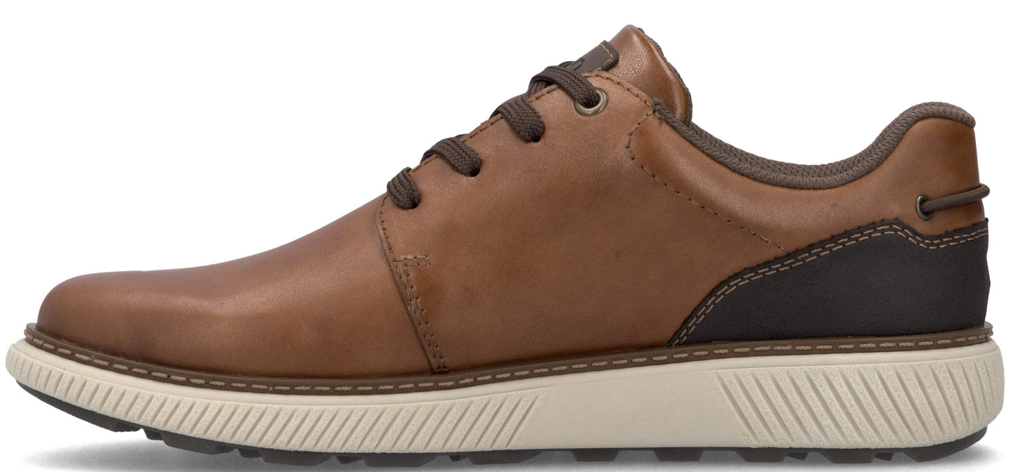 A brown leather shoe with brown laces and a white sole.