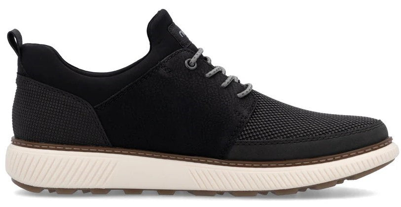 Black casual shoe with gray laces, textured heel, and white sole.
