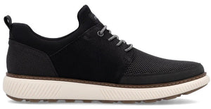 Black casual shoe with gray laces, textured heel, and white sole.