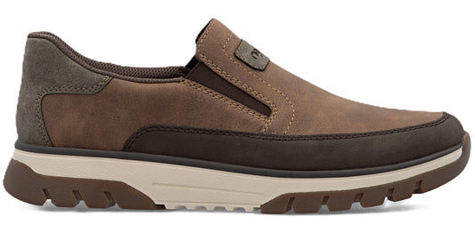 A brown slip-on shoe with a thick, tan sole.