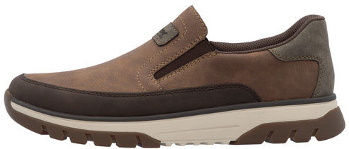 A brown leather slip-on shoe with a thick sole.