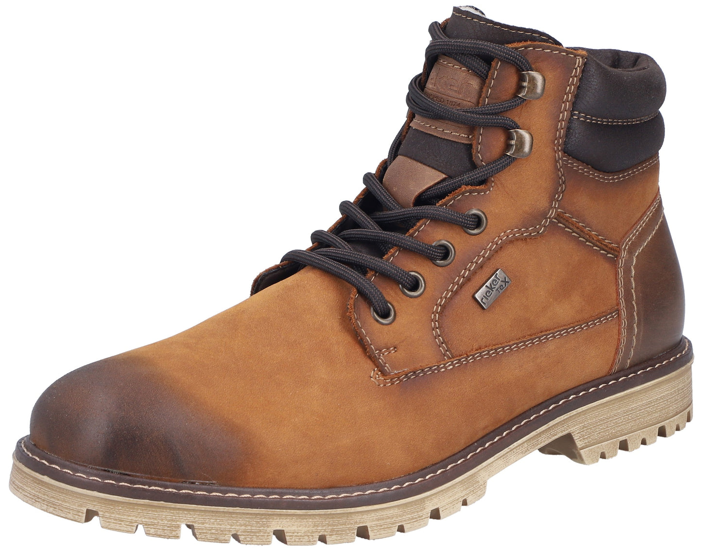 A tan leather lace-up ankle boot with a burnished dark brown toe and heel, a padded brown collar, dark brown laces, and a rugged light tan lug sole.