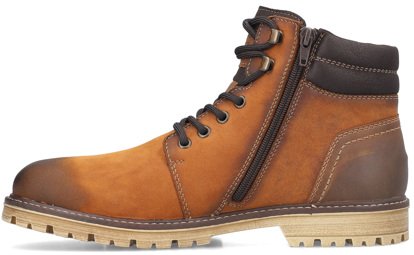 A tan leather lace-up ankle boot with a side zipper, dark brown padded collar, and a thick, textured, light-colored lug sole.
