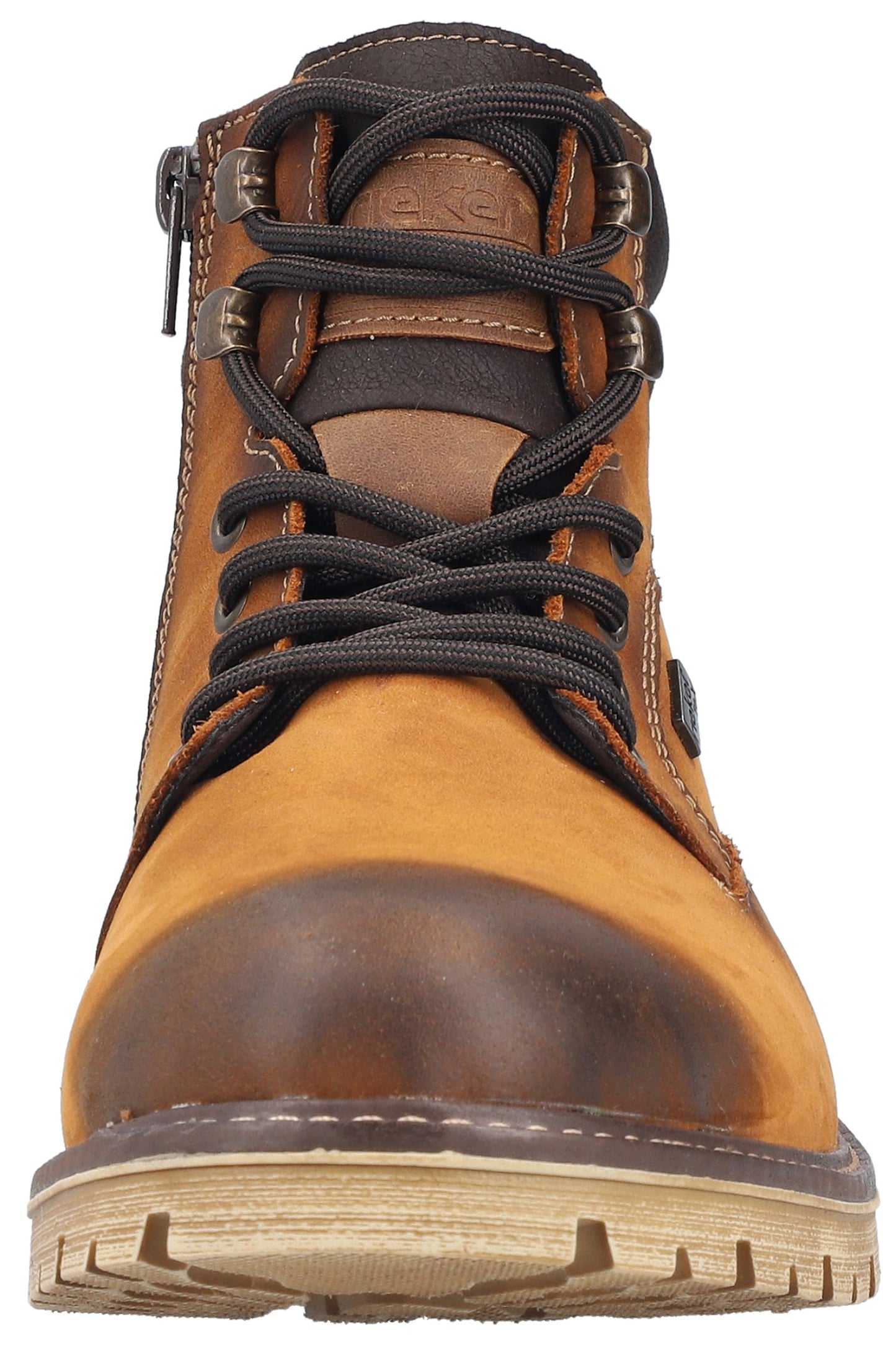 A brown leather ankle boot with a rounded, darker-toned toe cap, black laces, metallic eyelets, and a side zipper closure, viewed from the front.