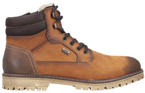 A tan leather lace-up ankle boot with dark brown padded collar, rugged light tan lug sole, and dark brown laces.