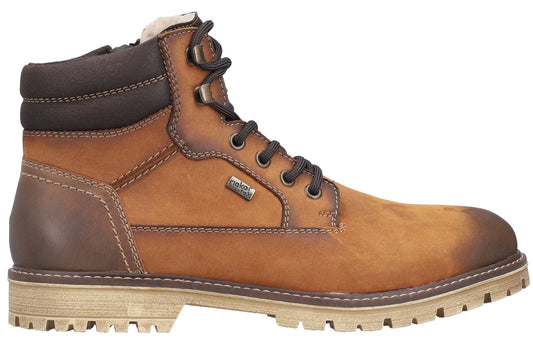 A tan leather lace-up ankle boot with dark brown padded collar, rugged light tan lug sole, and dark brown laces.