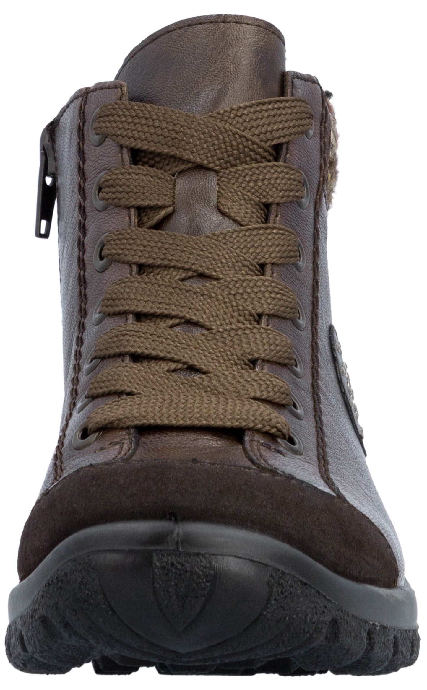 A brown leather ankle boot viewed from the front, featuring matching brown laces, a textured dark brown toe cap, and a rugged black sole, with a side zipper detail.