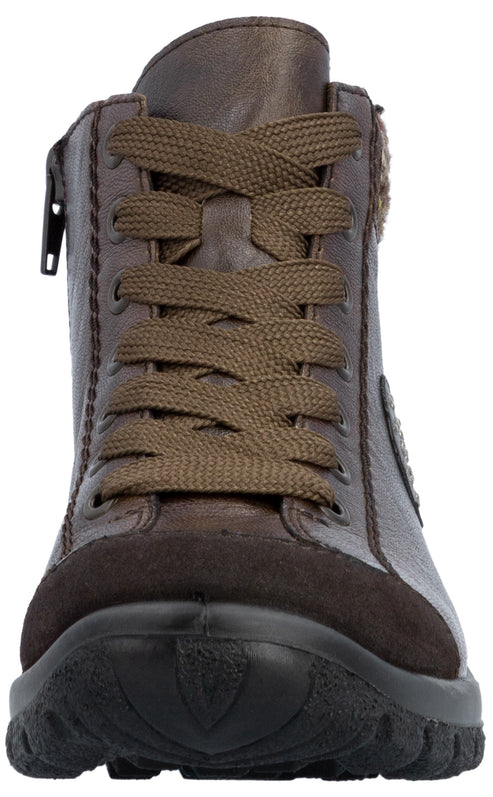 A brown leather ankle boot viewed from the front, featuring matching brown laces, a textured dark brown toe cap, and a rugged black sole, with a side zipper detail.