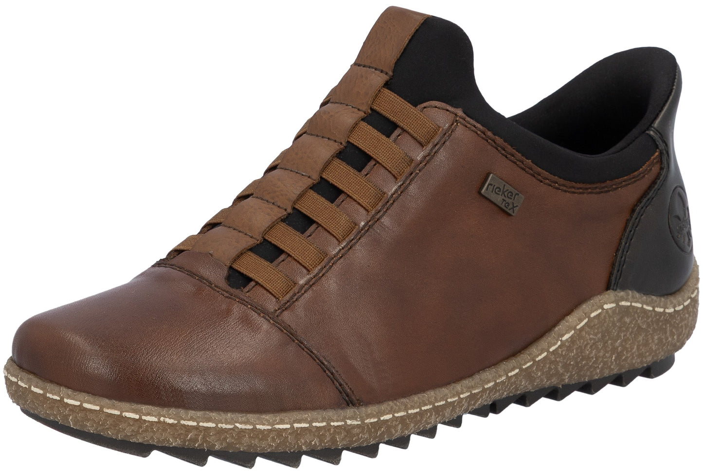 A brown leather slip-on shoe with a black collar and heel patch, featuring brown horizontal elastic straps over the instep, a speckled cork-like midsole with visible white stitching, and a black serrated rubber outsole.