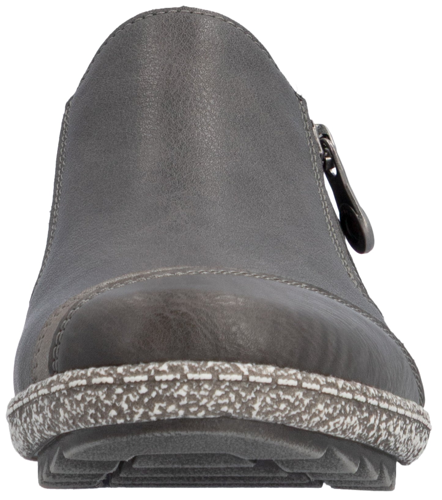 A close-up, front-facing view of a dark grey leather ankle boot, featuring a rounded, slightly pointed toe, a distinct thick, textured, grey-and-white speckled midsole, and a visible zipper pull on the side.