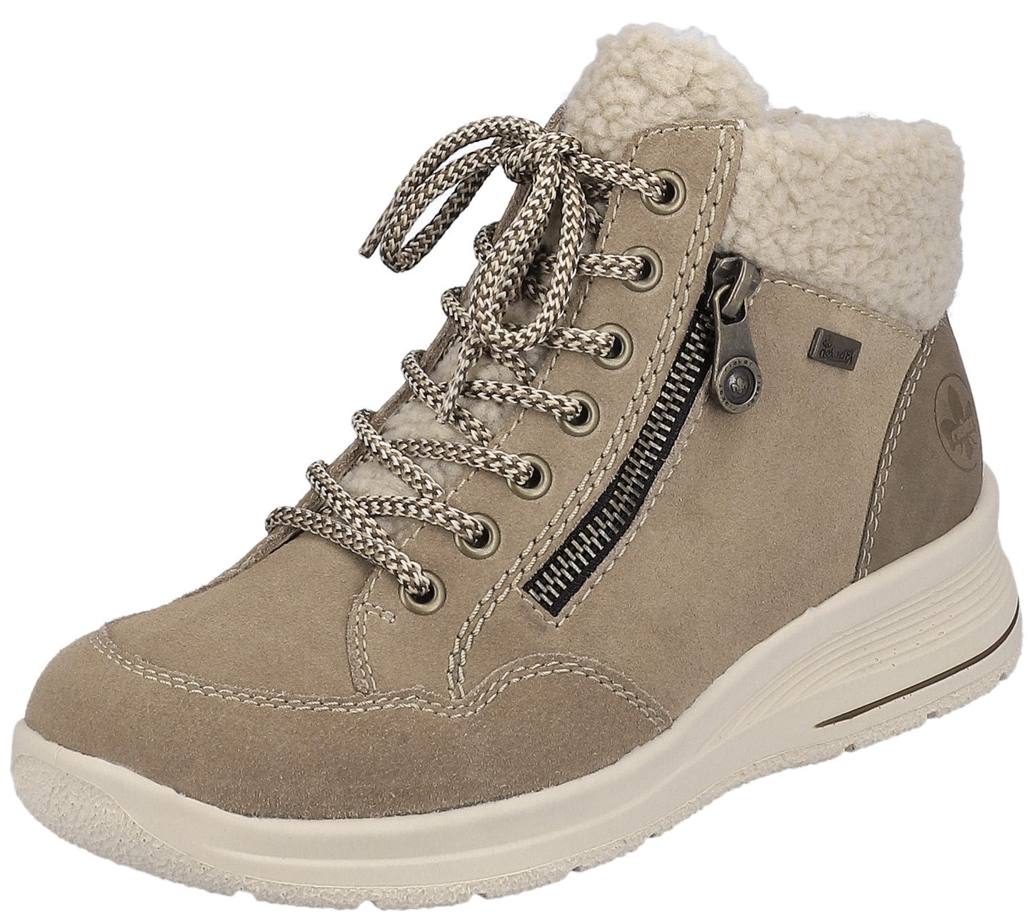 A tan suede ankle boot with a white fuzzy shearling-style collar, brown and white speckled laces, a side zipper, and a white lug sole.