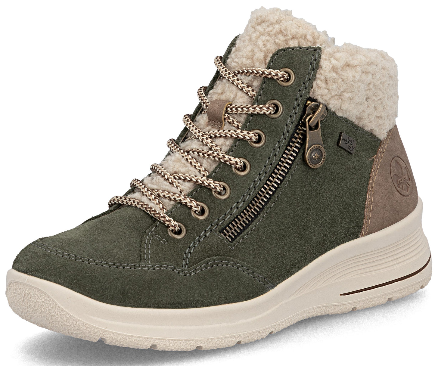 A green suede ankle boot with a beige faux-shearling cuff, beige and brown speckled laces, and a side zipper, set on a chunky off-white rubber sole.