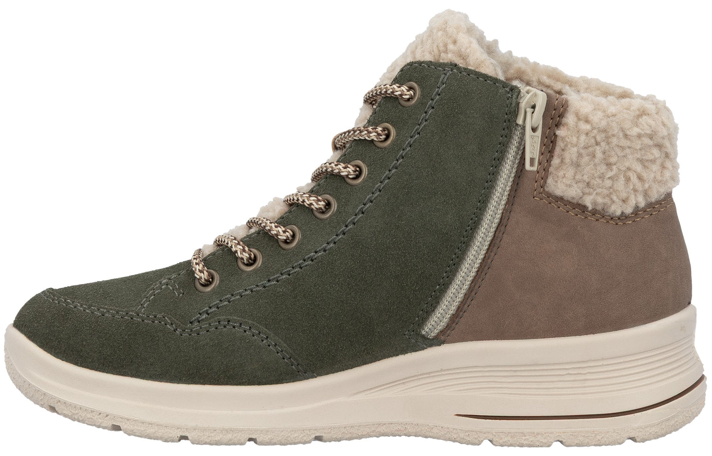 A olive green suede lace-up boot with a tan heel panel, a beige shearling-lined collar, a side zipper, and a thick off-white textured rubber sole.