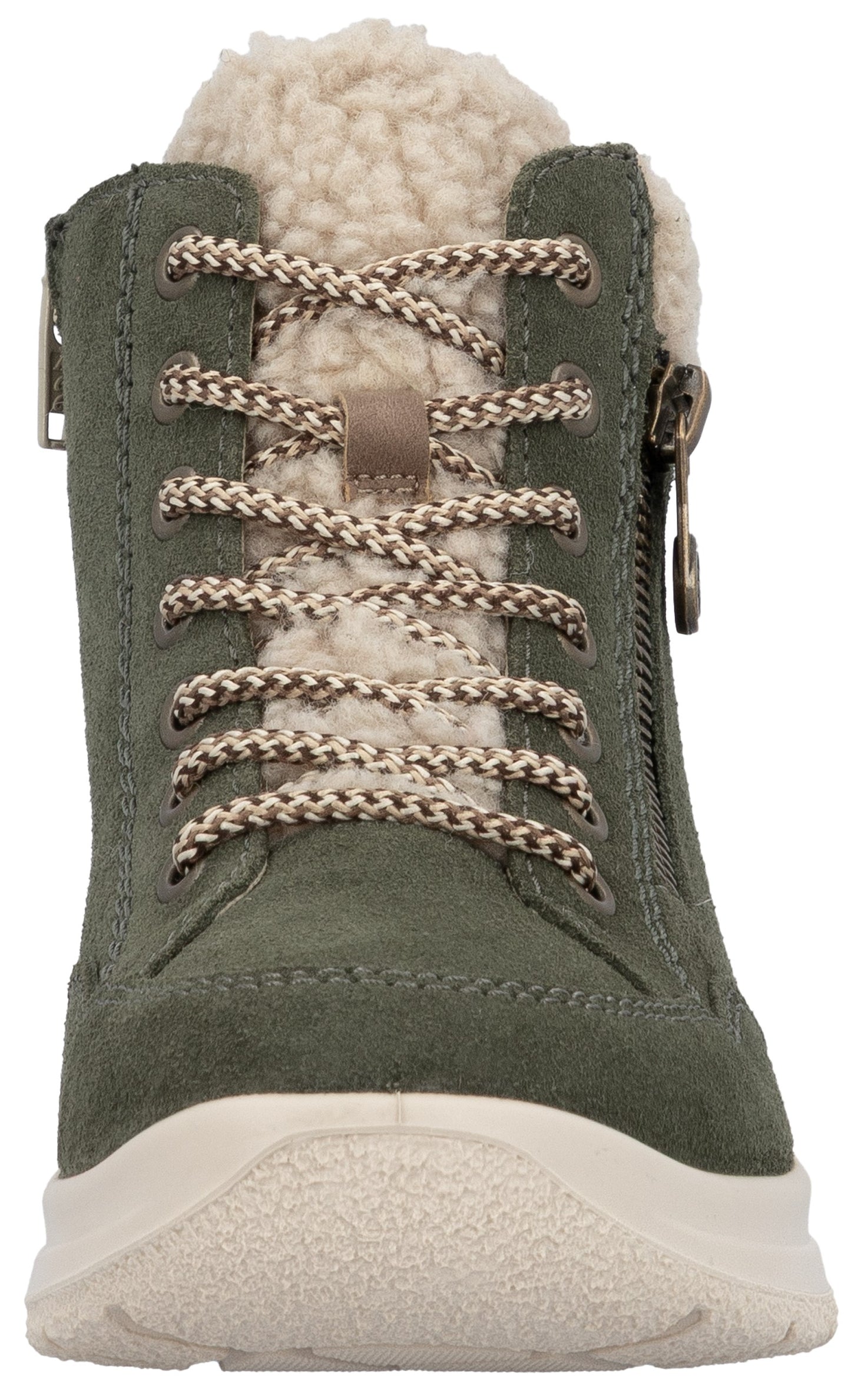 A front view of an olive green suede ankle boot with tan, braided laces, a white shearling-lined collar, and a thick, textured white sole with dual side zippers.