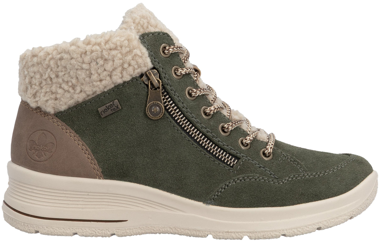 A green suede ankle boot with a beige faux fur collar, featuring a side zipper, lace-up front with two-tone laces, and a thick, textured beige rubber sole, with a brown heel panel and the embossed logo on the side.