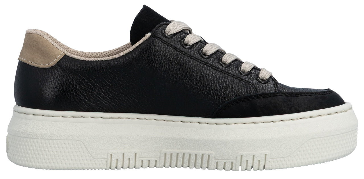 a black sneaker with white laces and sole, and beige back