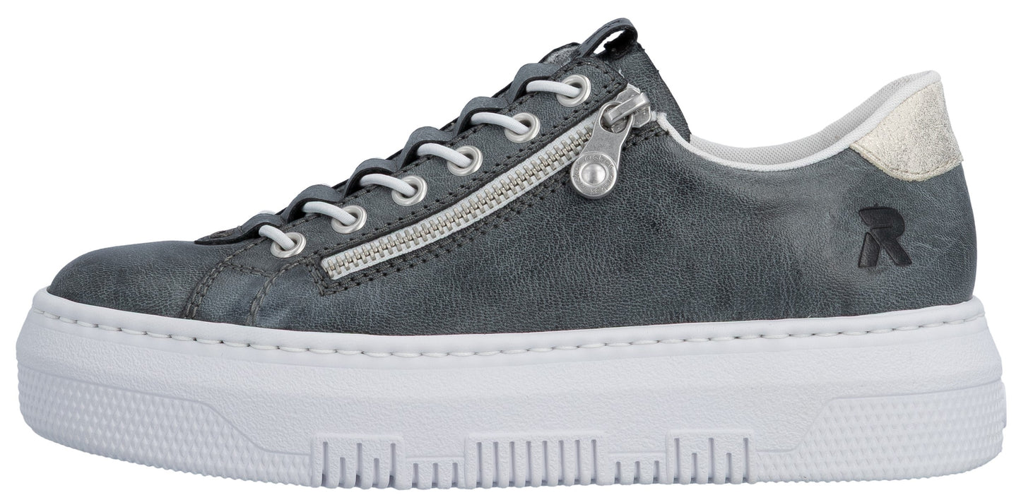 Grey sneaker with white laces and a side zipper on a thick white sole.