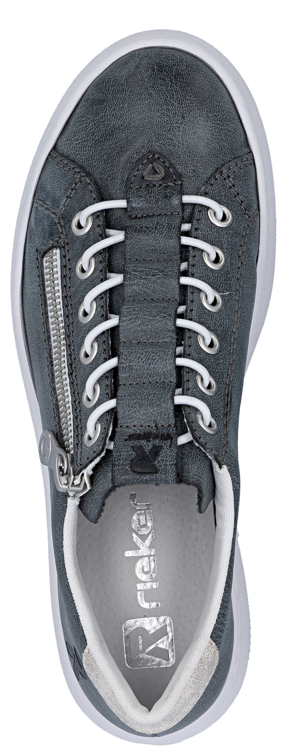 A gray casual shoe with white laces and a zipper.