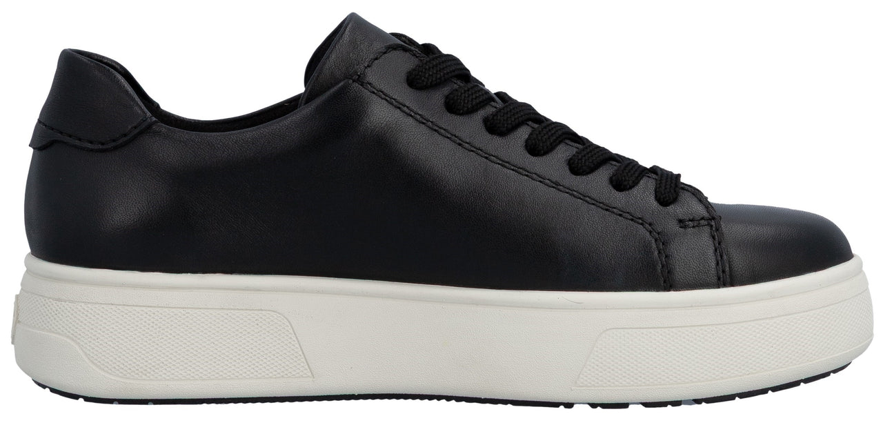 A black leather sneaker with black laces and a white sole.