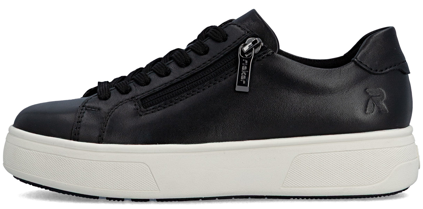 A black sneaker with a white sole and a side zipper.