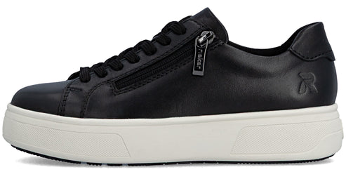 A black sneaker with a white sole and a side zipper.