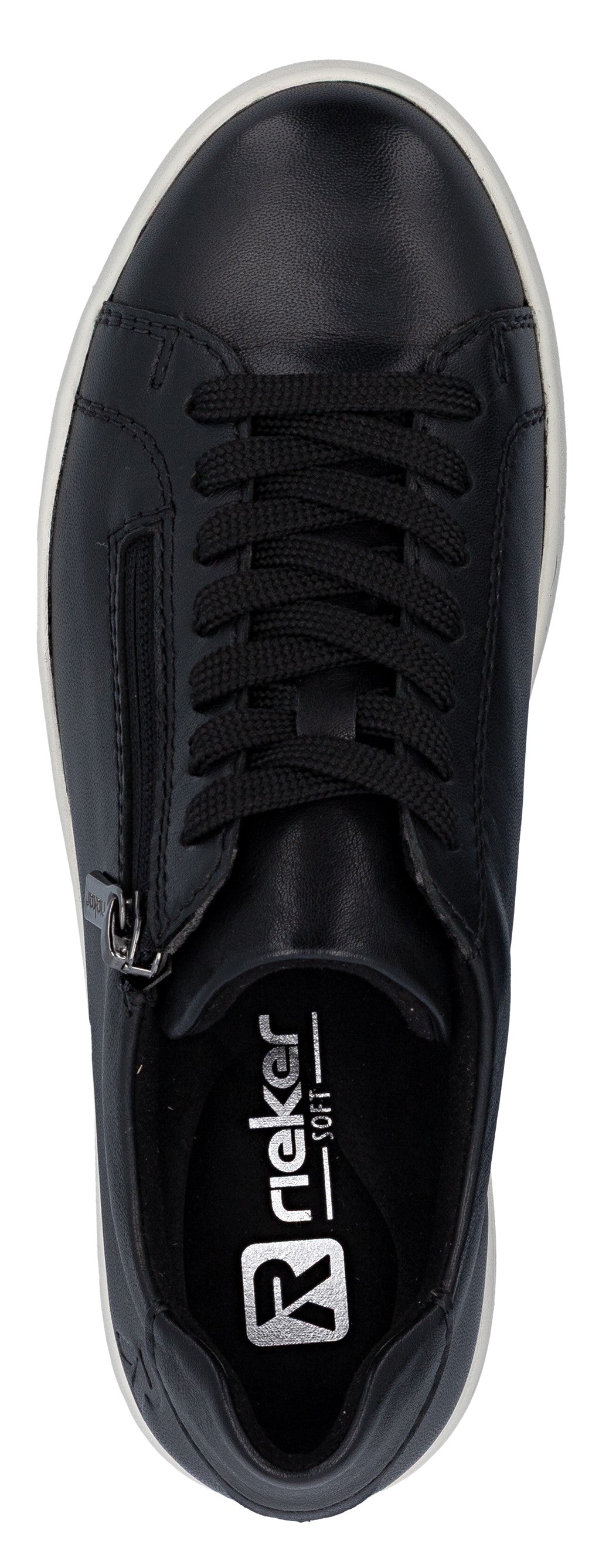 A black leather shoe with white sole and black laces, featuring a zipper and brand mark.