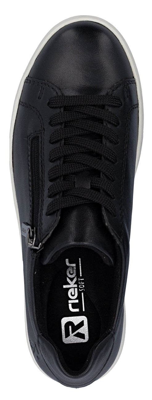 A black leather shoe with white sole and black laces, featuring a zipper and brand mark.