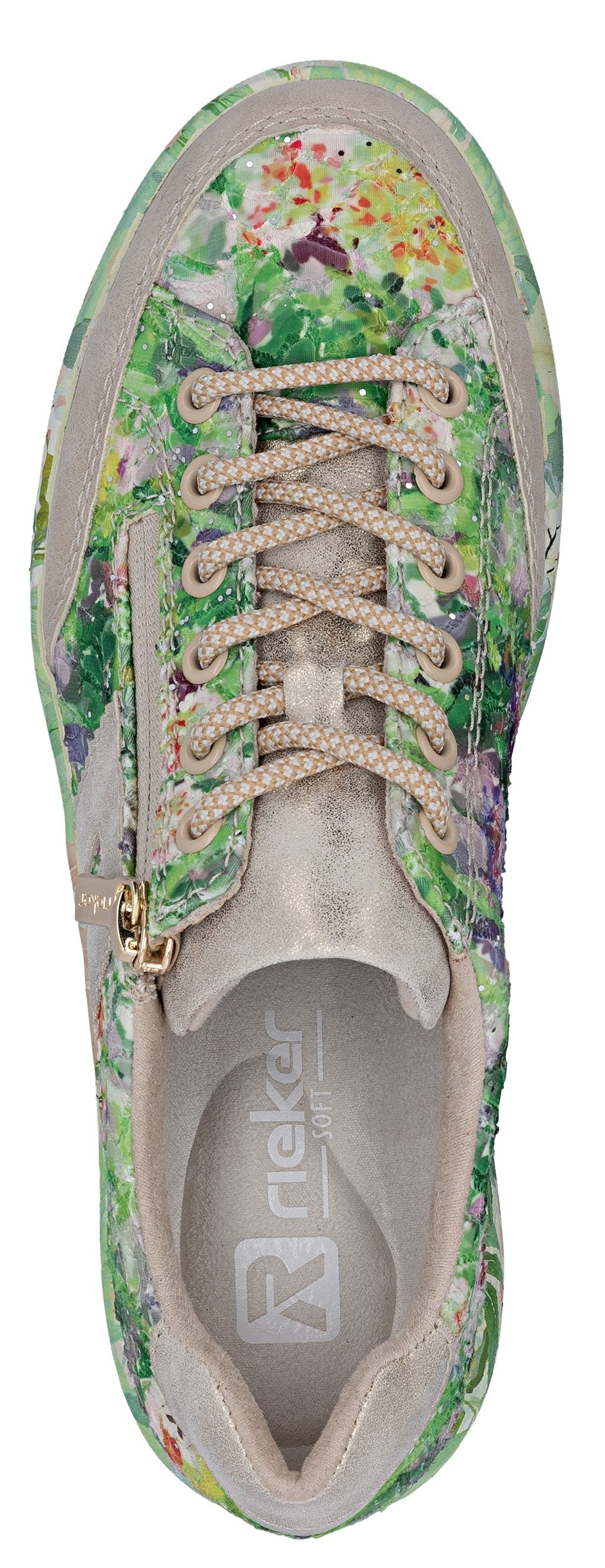 An overhead shot of a sneaker with floral print and tan laces.