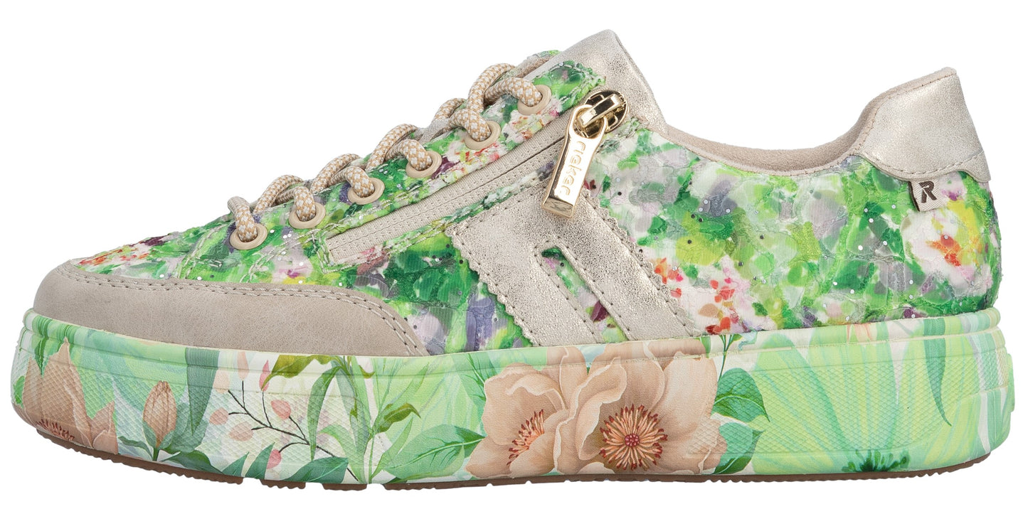 A floral pattern sneaker with tan laces and a side zipper.