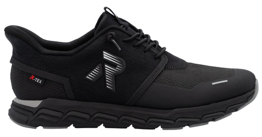 A black athletic shoe with an "R" logo on the side and "R-TEX" branding on the back.