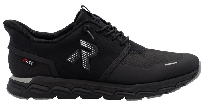 A black athletic shoe with an "R" logo on the side and "R-TEX" branding on the back.