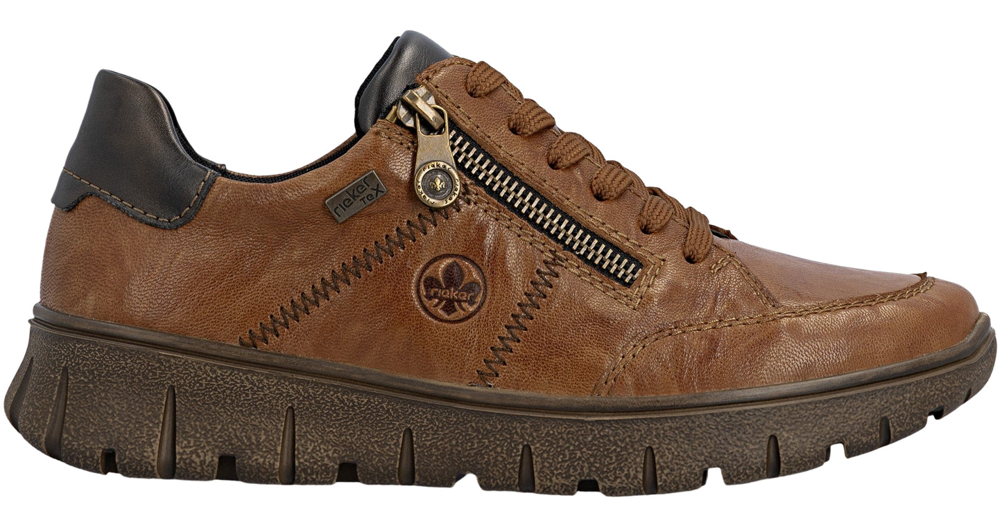 Brown leather shoe with zipper and dark brown sole.