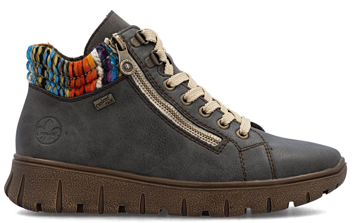 Low-rise gray boot with brown ridged sole, front laces, side zipper, and multicolored knit collar.