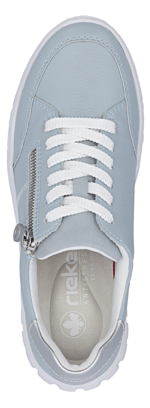 Top-down view of a gray sneaker with white laces and a side zipper.